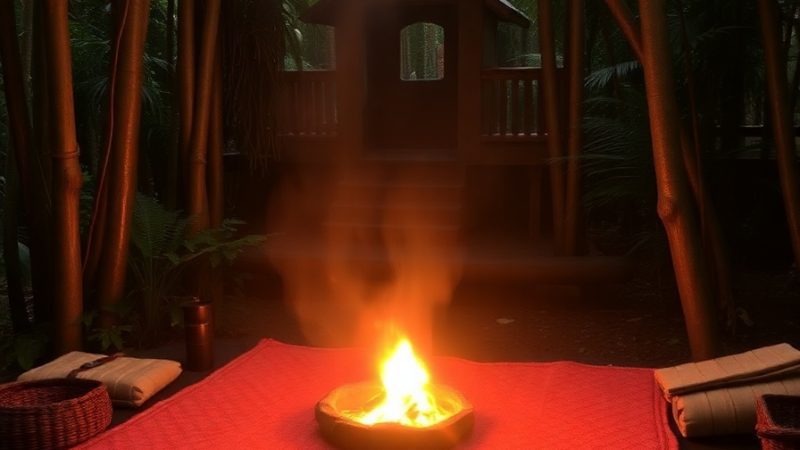 Peaceful jungle retreat for healing and relaxation, featuring a cozy fire pit surrounded by lush gre.