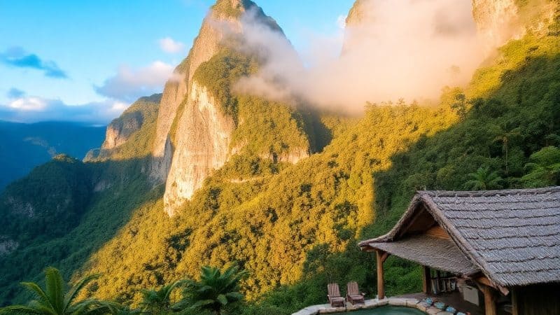 Mountain landscape with hot tub and lush greenery, perfect for relaxation and wellness retreats.