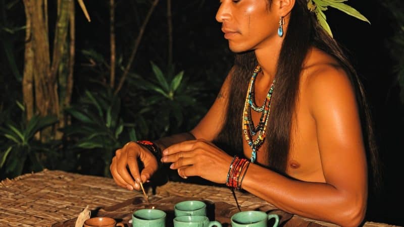 Woman performing a traditional Ayahuasca healing ritual in the Amazon rainforest.