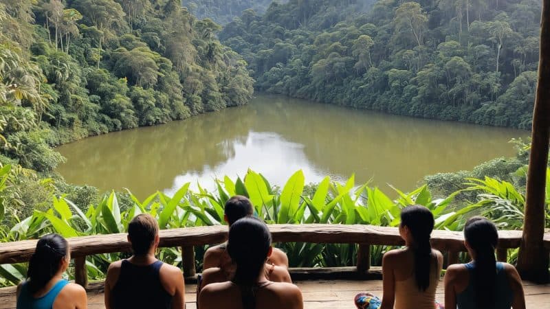 Group meditating overlooking a lush river in a tropical jungle setting.