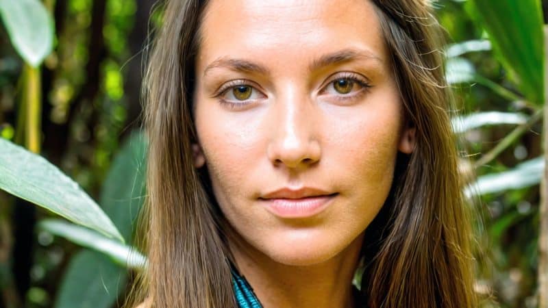 Woman meditating in lush rainforest setting.