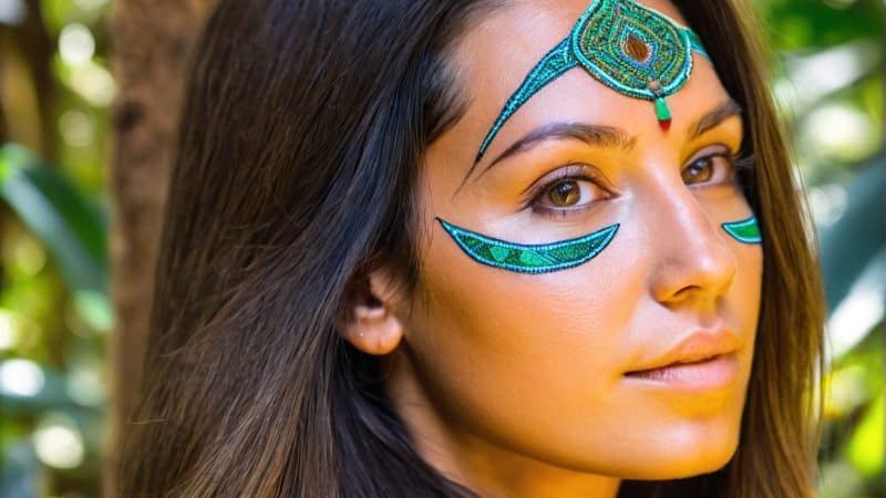 Face-painted woman with tribal designs in lush jungle setting.