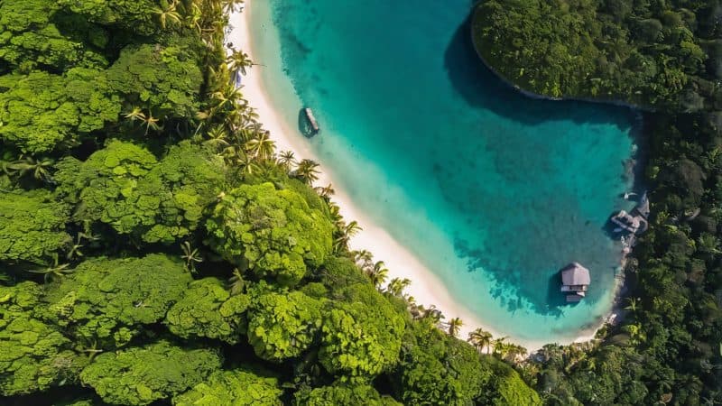 Aerial view of a lush tropical lagoon surrounded by dense green forest.