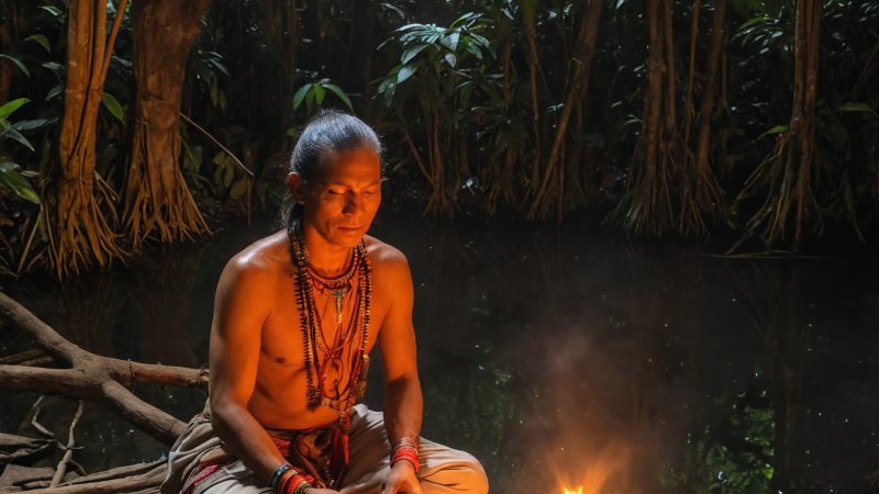 Ancient shaman performing a sacred fire ritual in lush rainforest setting.