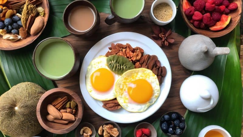 Healthy breakfast featuring eggs, fruits, nuts, and herbal drinks for mental clarity and physical he.