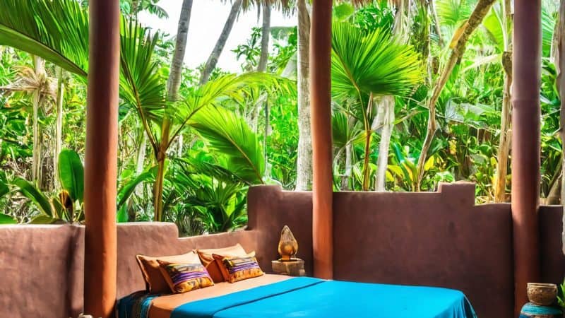 Cozy jungle retreat bedroom with tropical views and natural decor.