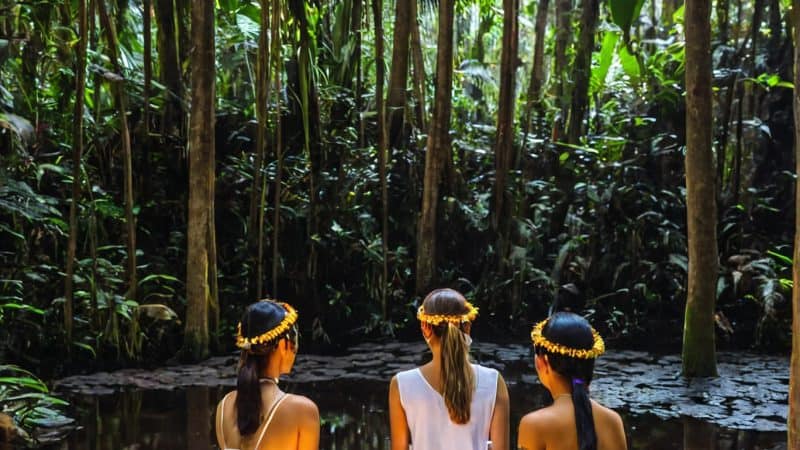 Women meditating in lush jungle setting for mental wellness and retreats.