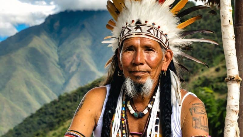 Shaman wearing colorful feathers and jewelry in a scenic mountain setting.