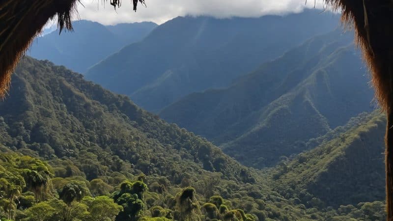 Peaceful mountain retreat surrounded by lush greenery and misty peaks. Ideal for relaxation and well.