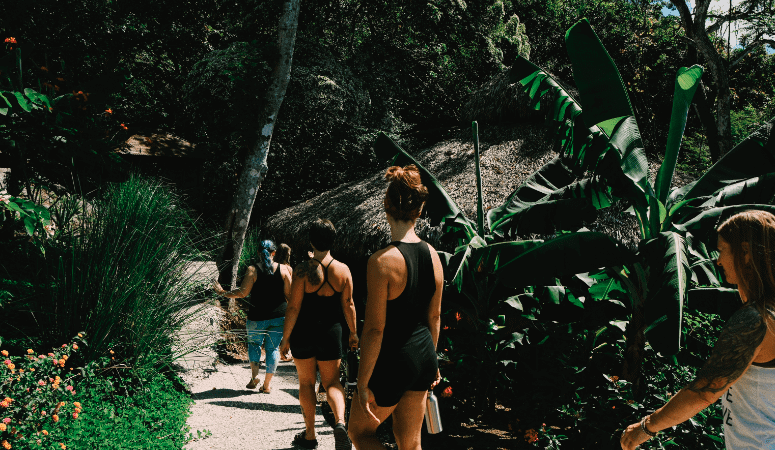 People walking along a lush jungle trail at Ananda Lodge retreat.
