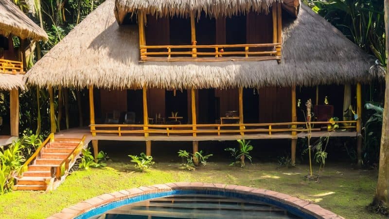 Ayahuasca retreat accommodation in lush jungle setting.