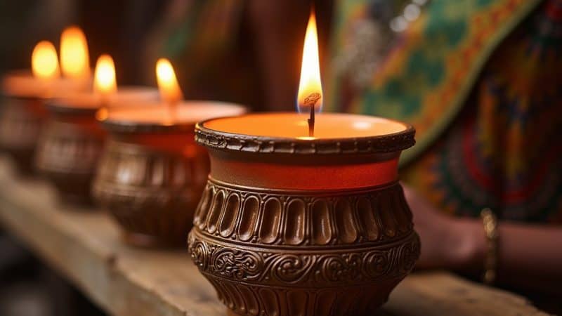 Candles in traditional clay holders for spiritual relaxation and mindfulness.