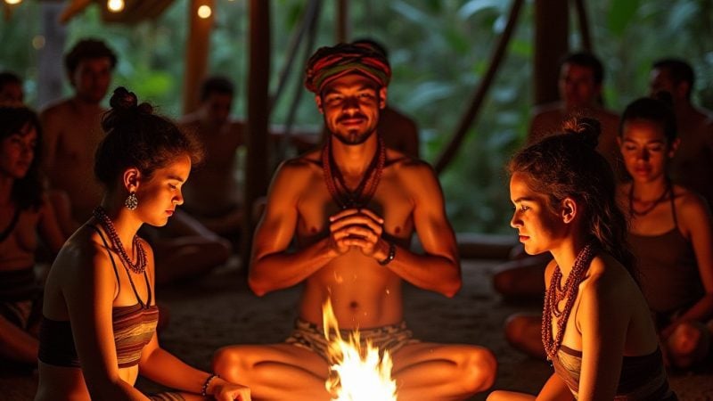 Group of people meditating around a fire at a retreat in nature.