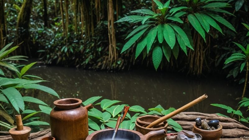 Ancient healing tools and natural remedies set in lush jungle environment for wellness retreats.