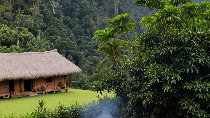 Peaceful jungle retreat featuring a cozy fire pit amidst lush greenery and mountain views. Perfect f.
