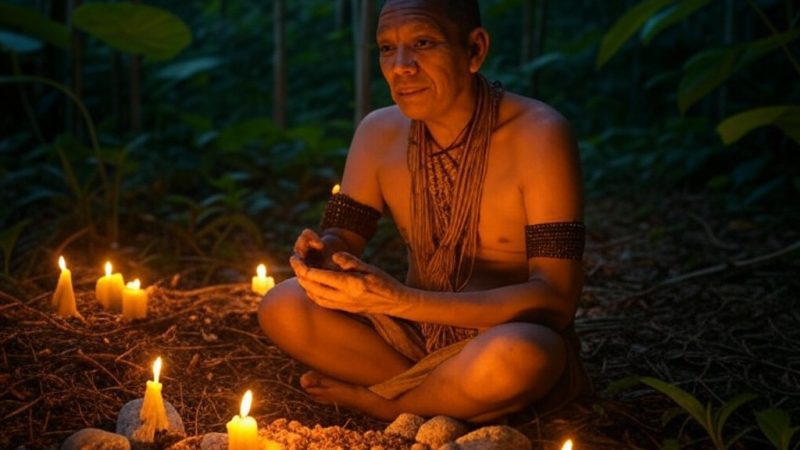 A woman participating in a spiritual retreat surrounded by candles in a lush forest setting.
