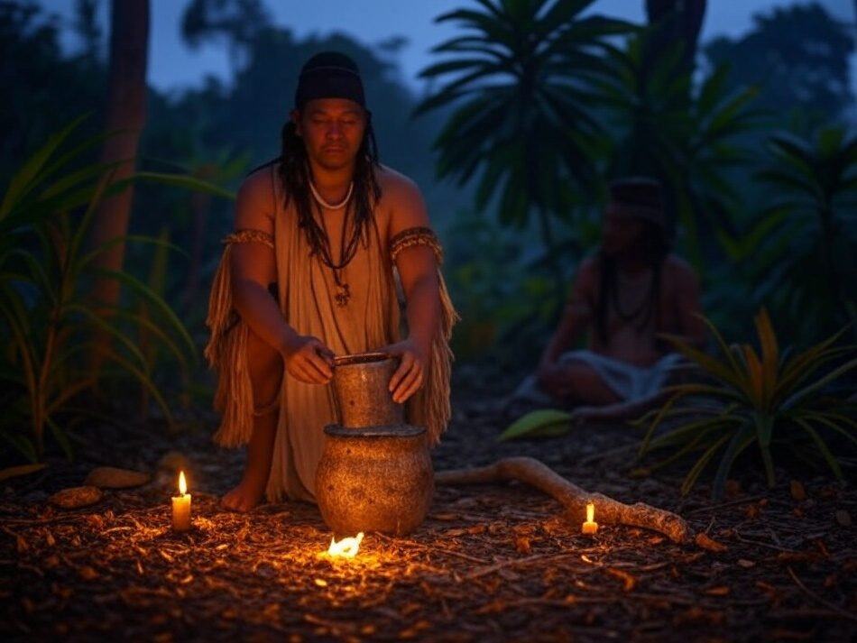 Woman performing a traditional jungle ritual with candles and a pot at dusk.