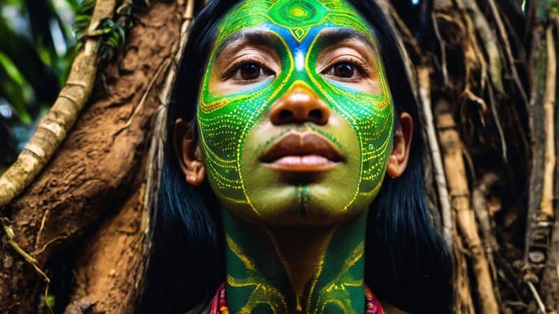 Ayahuasca healing ritual with indigenous woman in lush rainforest setting.