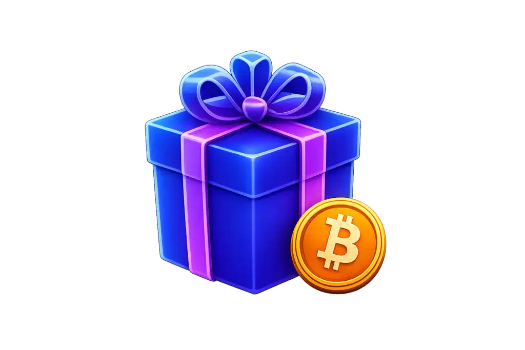 Blue gift box with purple ribbon and Bitcoin symbol.