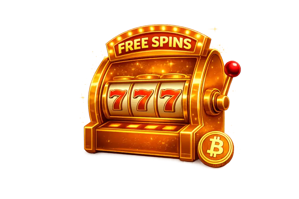 Golden slot machine displaying 777 with free spins and Bitcoin symbol.