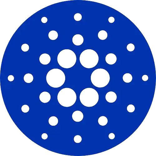 Blue Cardano logo with circular pattern of dots on black background.