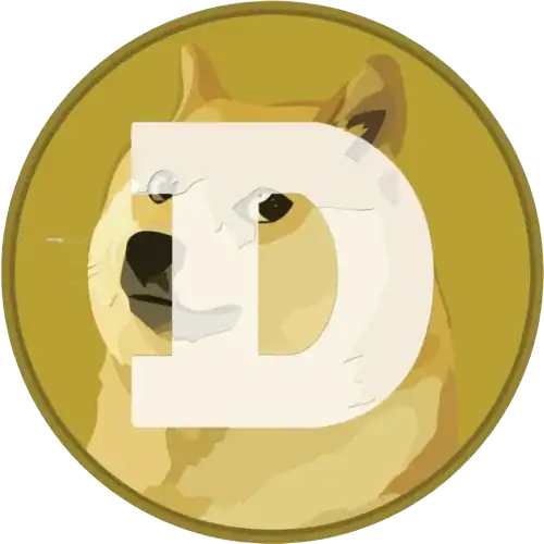 Dogecoin logo with Shiba Inu dog and D letter.