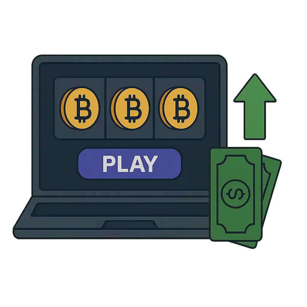 Bitcoin slot machine with cash and upward arrow for betting.