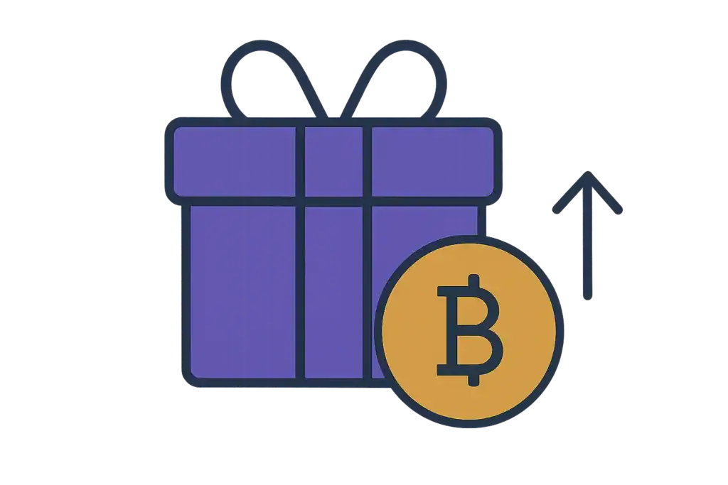 Gift box with Bitcoin symbol and upward arrow for crypto rewards.