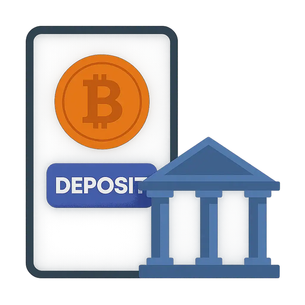 Bitcoin deposit icon with bank building for cryptocurrency trading.