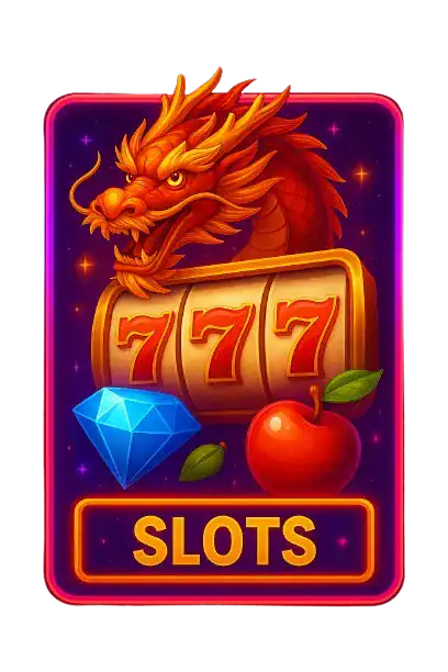 Dragon-themed slot machine with 777 symbols, diamond, and apple for online casino.