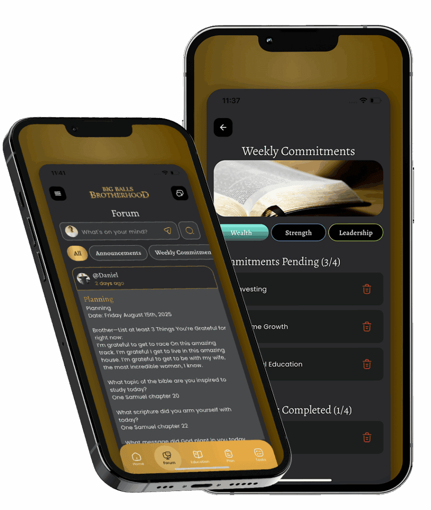 Big Balls Brotherhood mobile app showcasing forum and weekly commitments for members.