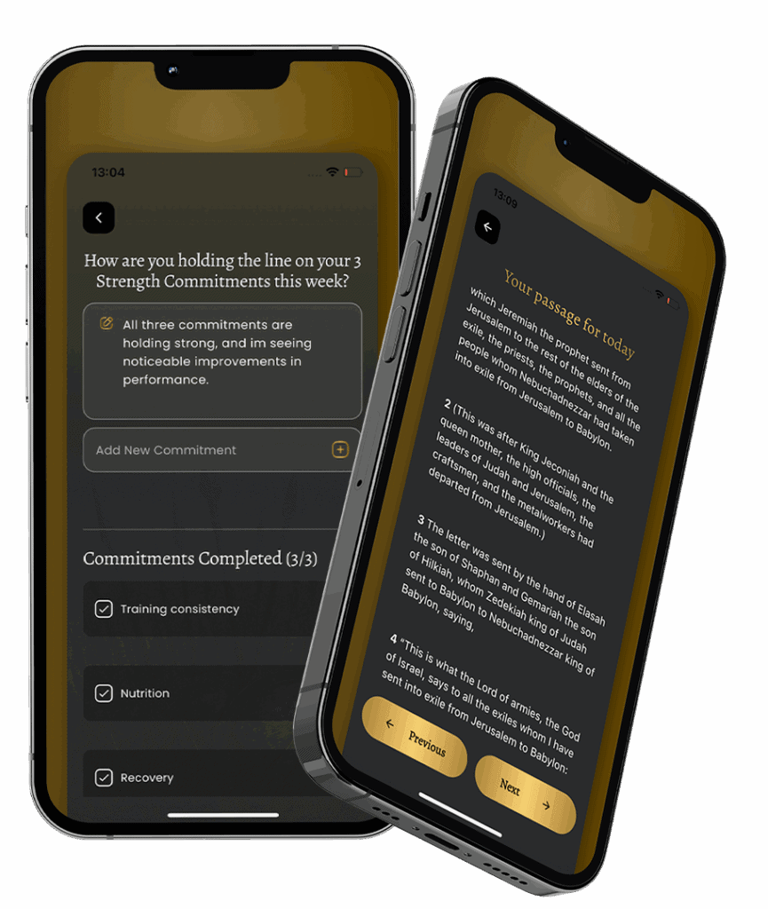 Powerful mobile app for Big Balls Brotherhood focusing on biblical themes, strength commitments, and spiritual growth in men's brotherhood community.
