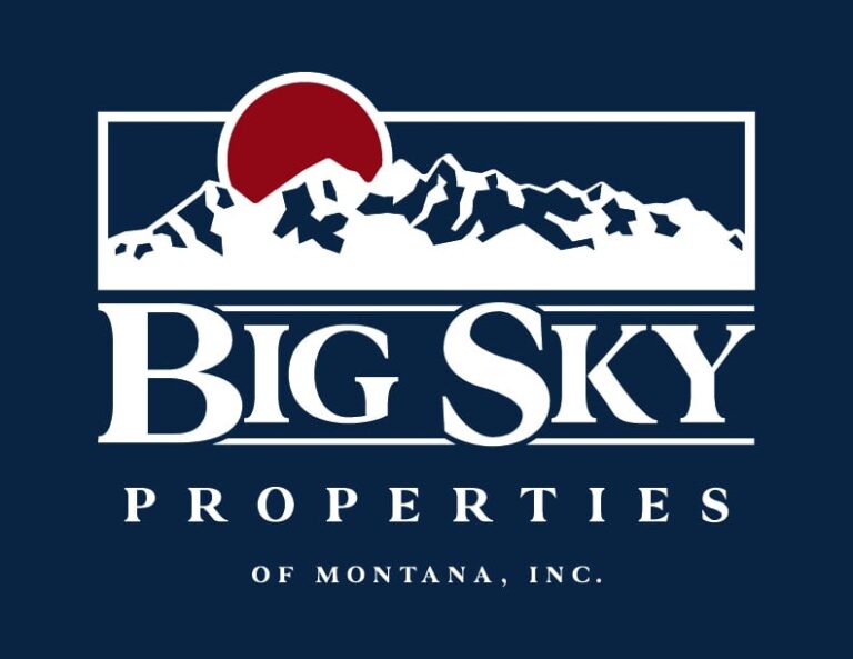 Mountain landscape with sunset, Big Sky Properties Montana logo, real estate services in Big Sky, Montana, property listings and development.