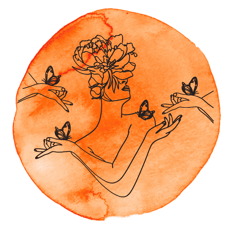 Strichzeichnung einer Frau mit Blumen im Haar, umgeben von Schmetterlingen und ausgestreckten Händen, vor einem orangefarbenen Aquarellkreis-Hintergrund.