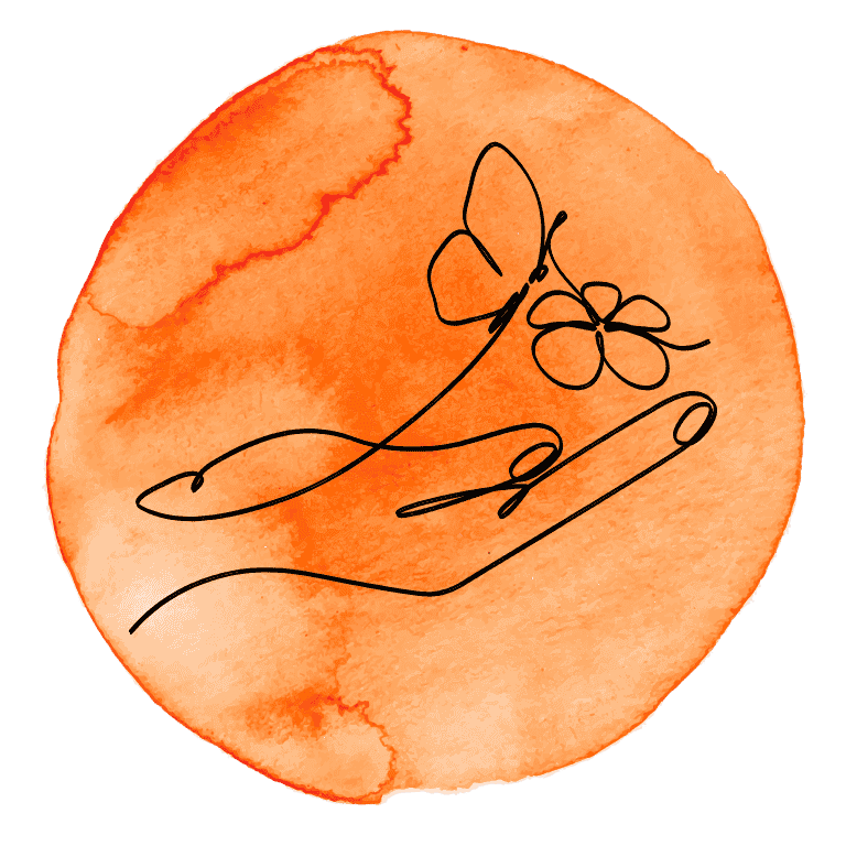 Eine minimalistische Strichzeichnung einer Hand, die eine Blume und einen Schmetterling hält, vor einem orangefarbenen Aquarellkreis-Hintergrund.