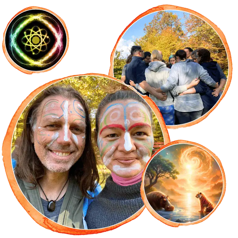 Collage mit geschminkten Menschen, einer Gruppe, die sich im Freien umarmt, und zwei kreisförmigen Abbildungen - eine mit einem Atomsymbol und eine andere mit Tieren in der Nähe eines glühenden Wirbels.