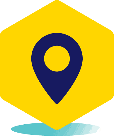 Location pin icon on a yellow hexagon background, representing service areas for Bizzy B Plumbing in Knoxville, TN.
