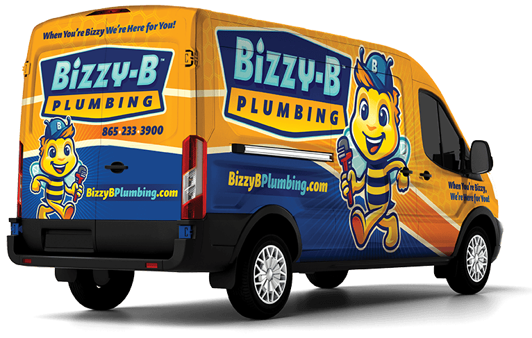 Bizzy B Plumbing service van featuring a cheerful bee mascot and contact information, promoting reliable plumbing services in Alcoa, TN.