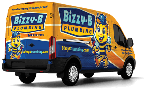 Bizzy-B Plumbing branded van featuring a cheerful mascot, contact information, and vibrant design, promoting plumbing services in Maryville, TN.
