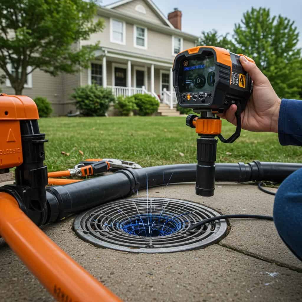 Residential sewer line inspection with technician using camera equipment