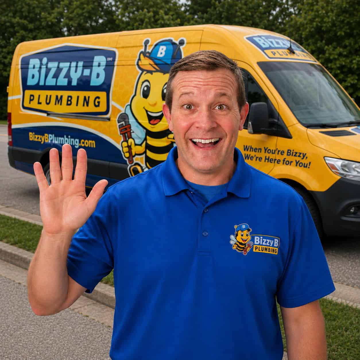 The owner of Bizzy B standing in front of the service van smiling and waving