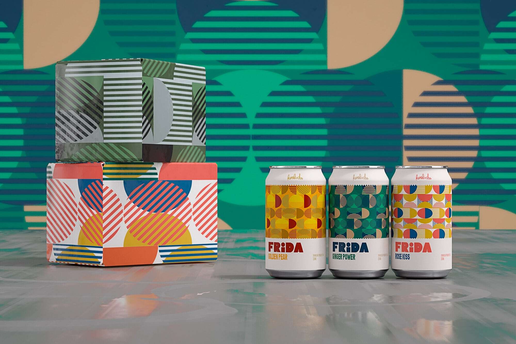 Frida Kombucha range with boxes.