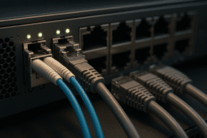 Imagem representando comparação entre fibra óptica e cobre em switches