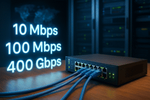 Evolução do protocolo Ethernet: de 10 Mbps a 400 Gbps, com switches e cabos Ethernet em um data center moderno