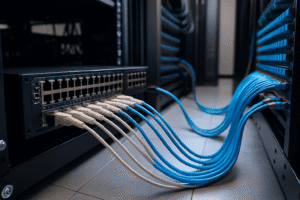Data center moderno com switch rack-mounted e cabos de fibra óptica organizados, representando a evolução das redes de data centers