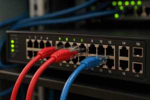 Imagem mostrando um switch Ethernet com VLANs configuradas, destacando os cabos de rede e LEDs indicadores de atividade.