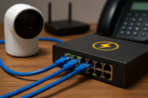 Imagem mostrando um sistema Power over Ethernet (PoE) com um switch preto, câmeras de segurança, e telefone VoIP, conectados por cabos Ethernet azuis