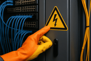 Painel de rede estruturada com aterramento e proteção elétrica visível, ilustrando boas práticas em segurança elétrica de infraestrutura.