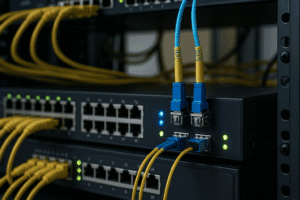 Switch gerenciável com cabos Ethernet e SFPs configurados para VLAN