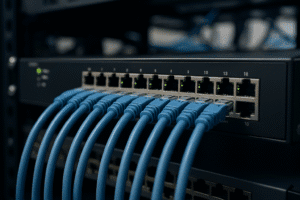 Switch Ethernet com cabos conectados em rack, representando alto desempenho de rede.
